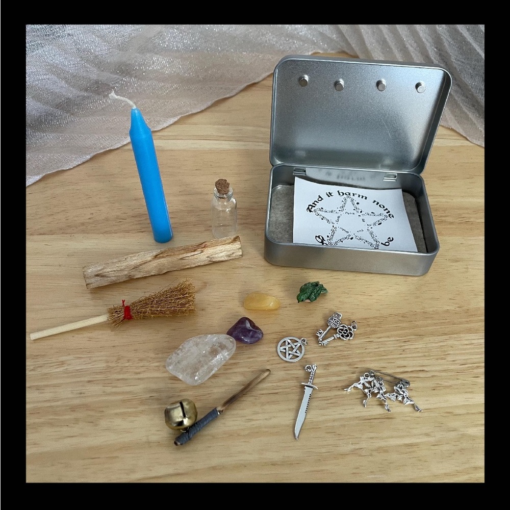 Travel Altar Tin Air Element Witch Pagan Wiccan Fae Fairy Crystals Palo Santo